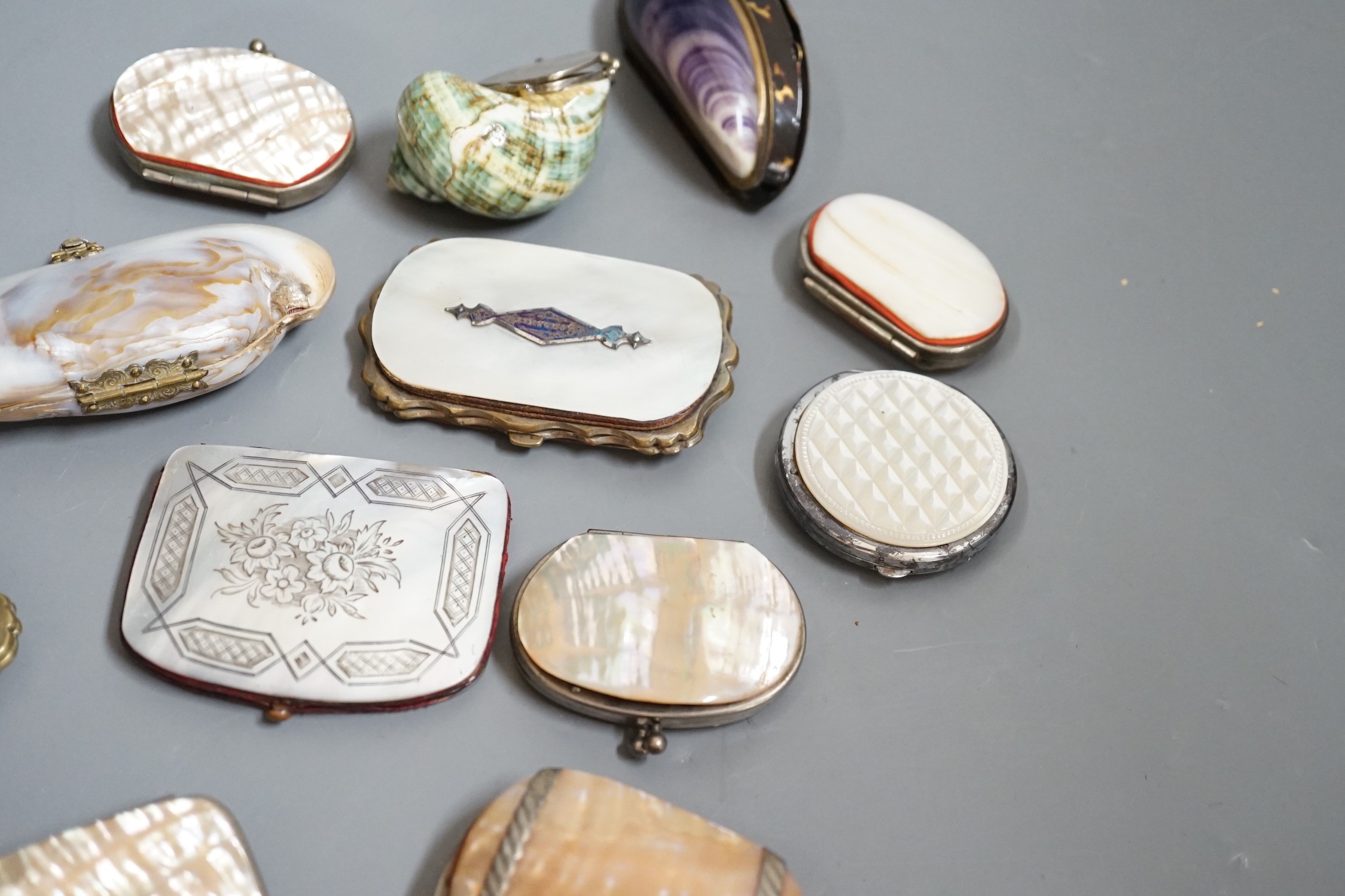 Twelve 19th century mother of pearl purses and containers